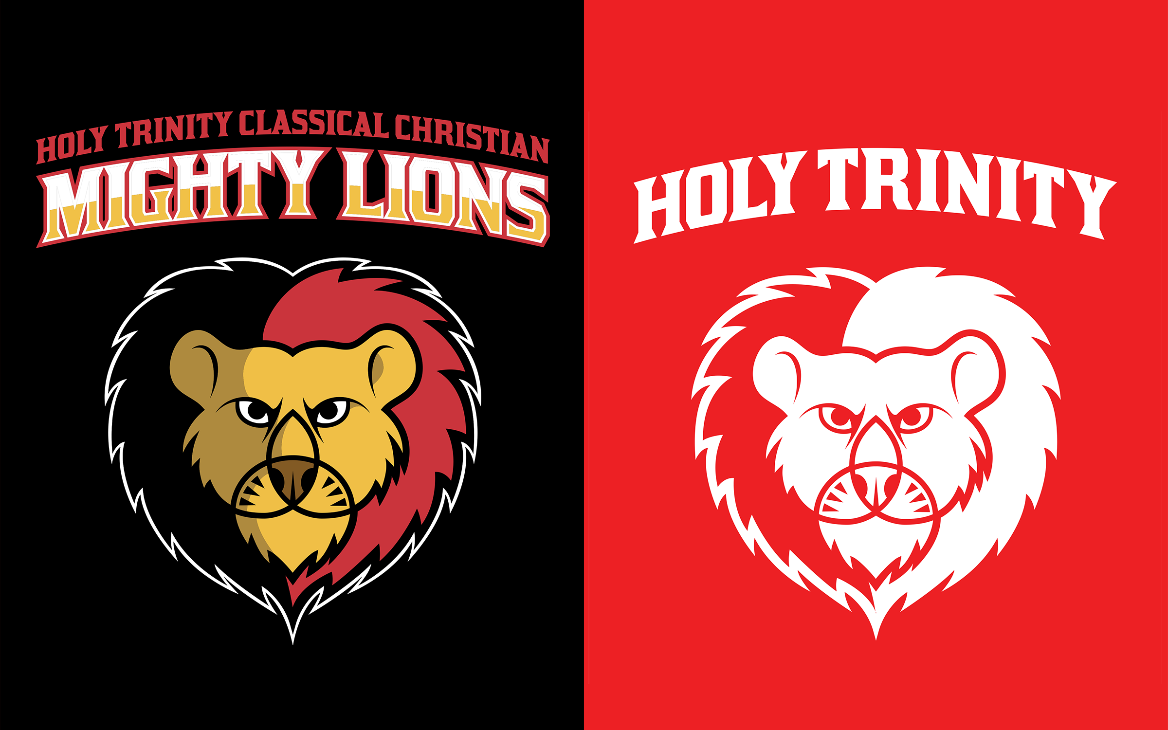 Holy Trinity Classical Christian Mighty Lions identity artwork showing full-color and single-color logo treatments.