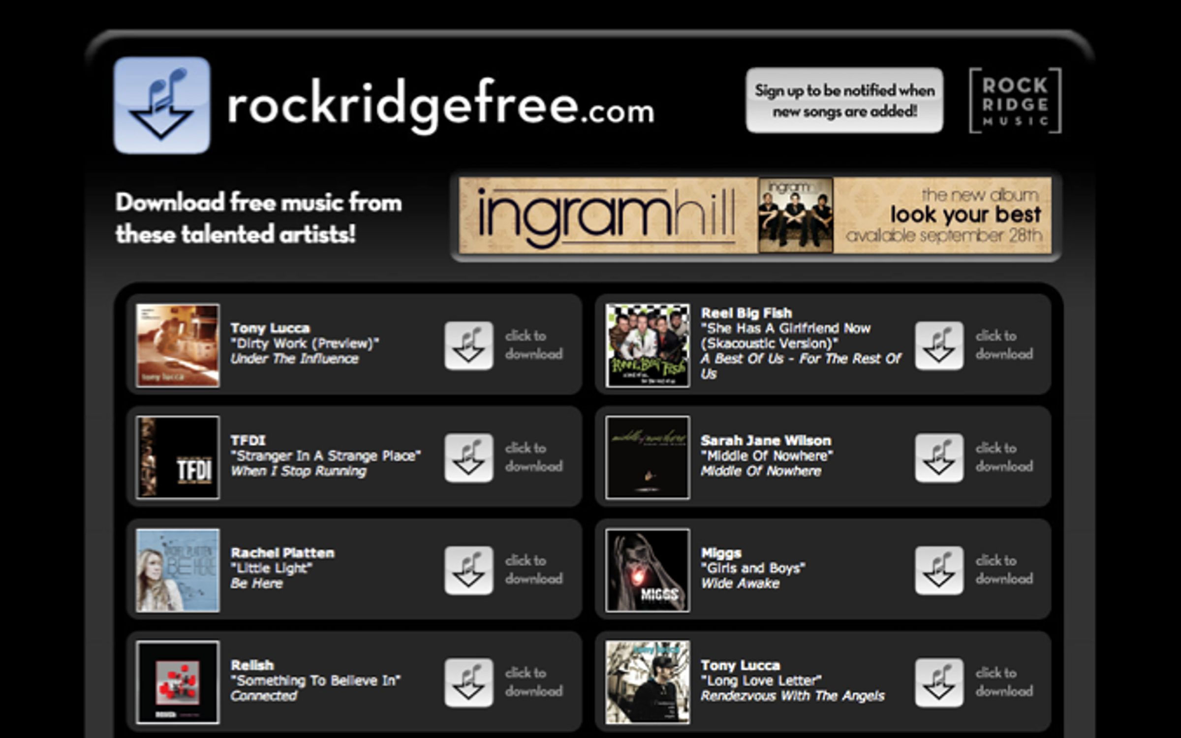 Rock Ridge Music sampler website artwork featuring album covers and music label branding.